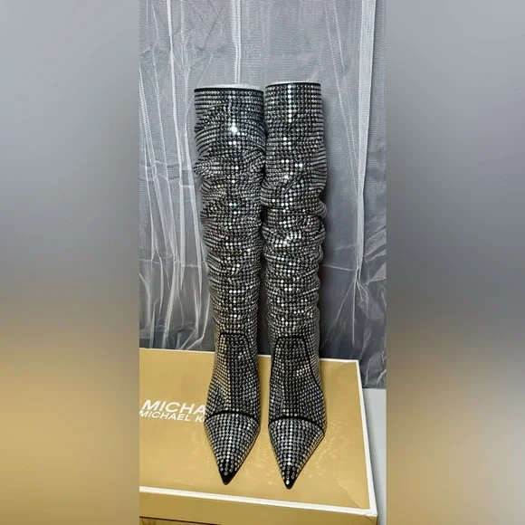 Michael Kors Dawn Silver studded Heeled Boots 7 - Picture 5 of 14